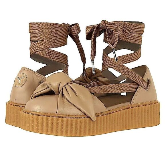 Fenty X Puma Rihanna Bow Creeper Ankle Laced Tan Leather Platform Sandals 7.5 - Picture 1 of 11